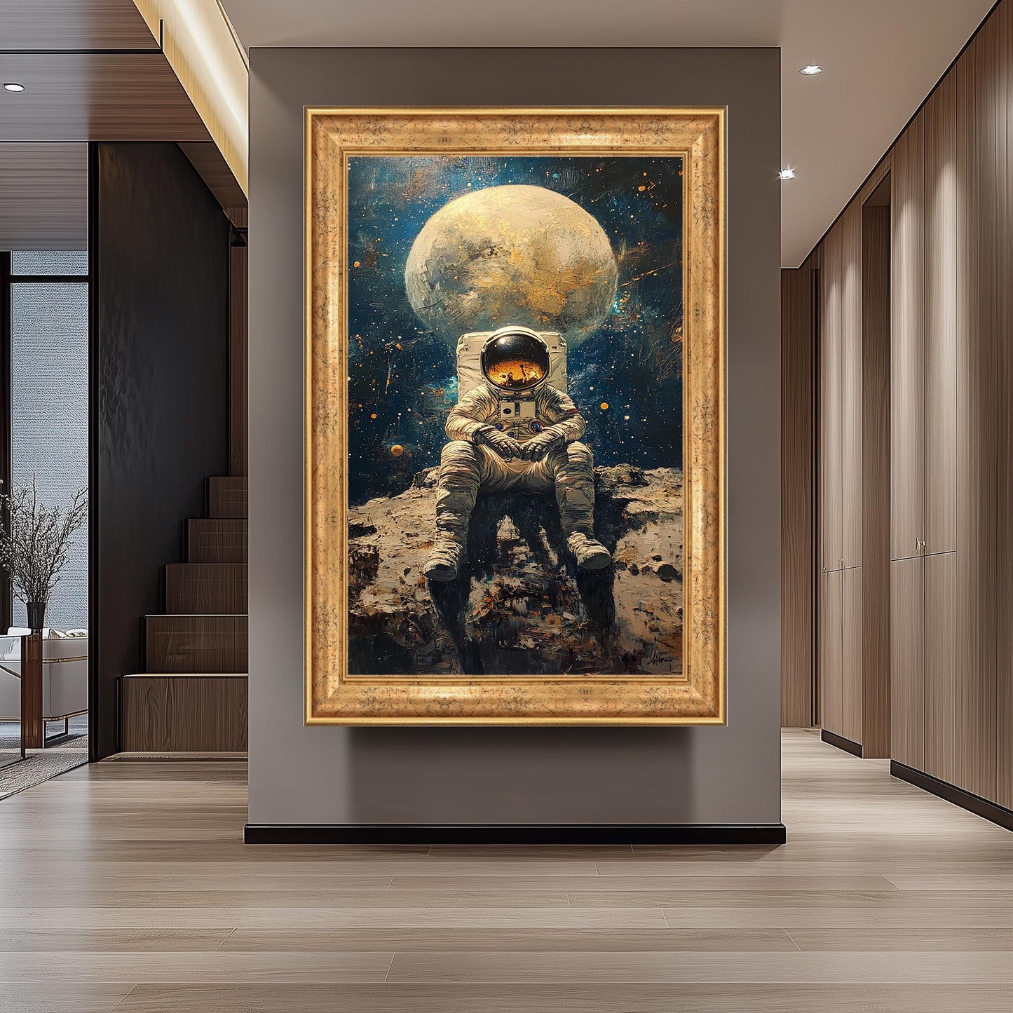 Astronaut on the Moon Wall Art, Surreal Space Painting, Cosmic Sci-Fi Print, , Futuristic Space Decor, Surreal Astronaut Poster