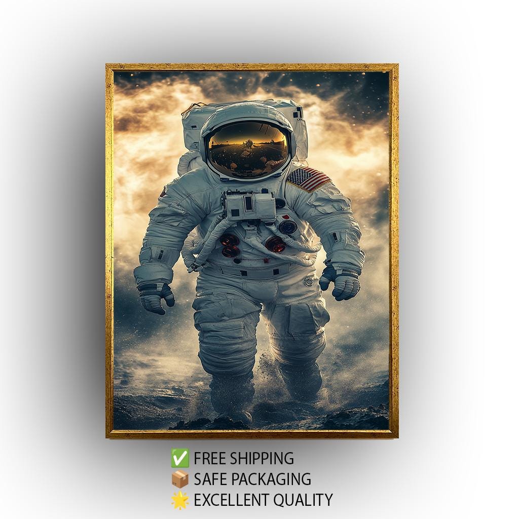 Epic Astronaut Moon Walk Wall Art in Realistic Sci-Fi Style with Space Dust and Helmet Reflection for Space Exploration Lovers Astronaut Art