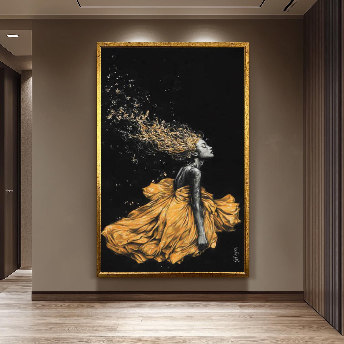 Golden Woen Wall Art - Black and Gold Feminine Painting - Luxury Woman Canvas Print - Modern Abstract Fashion Artwork, Woman Home Decor