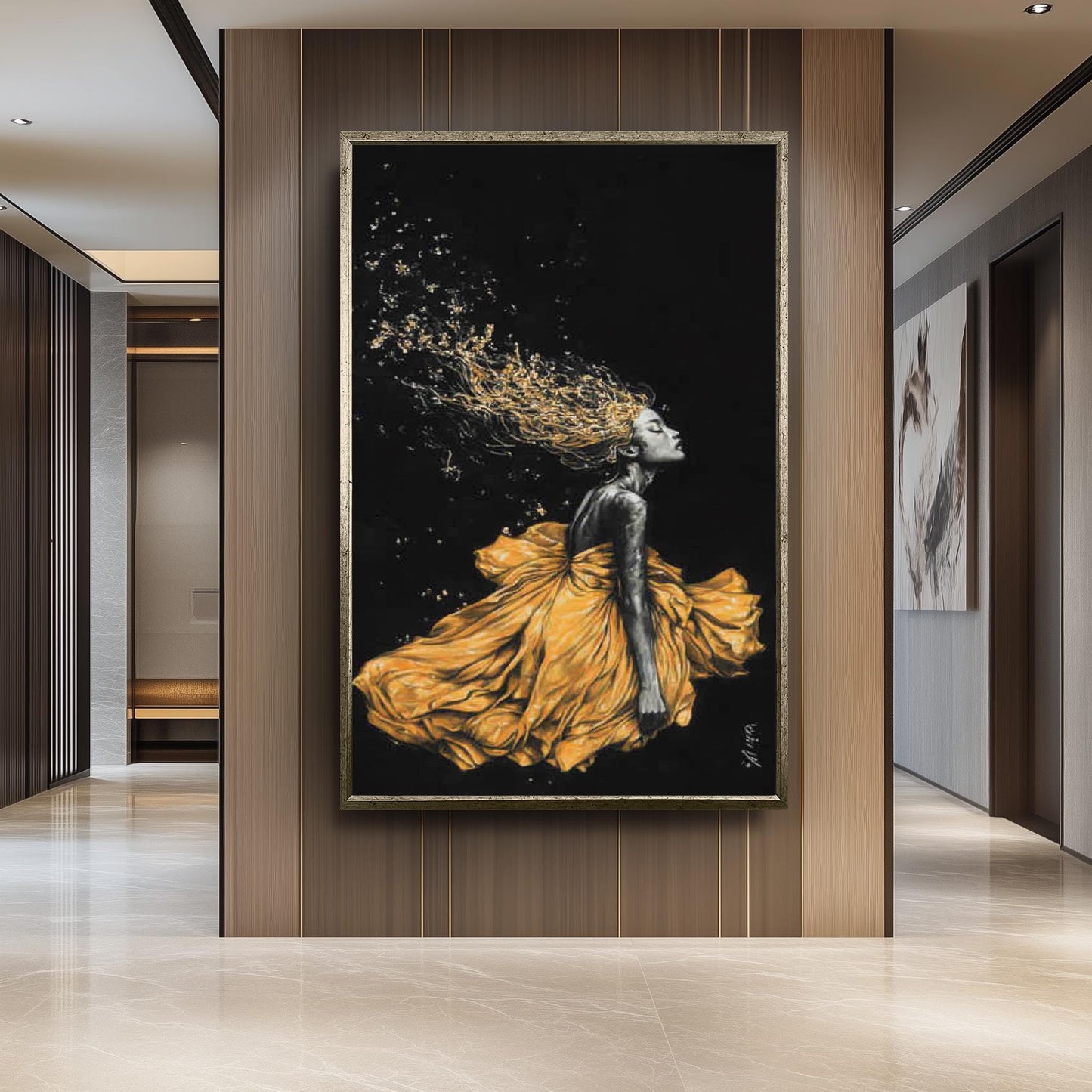 Golden Woen Wall Art - Black and Gold Feminine Painting - Luxury Woman Canvas Print - Modern Abstract Fashion Artwork, Woman Home Decor