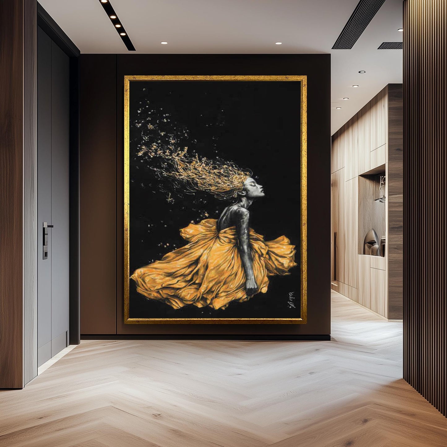 Golden Woen Wall Art - Black and Gold Feminine Painting - Luxury Woman Canvas Print - Modern Abstract Fashion Artwork, Woman Home Decor