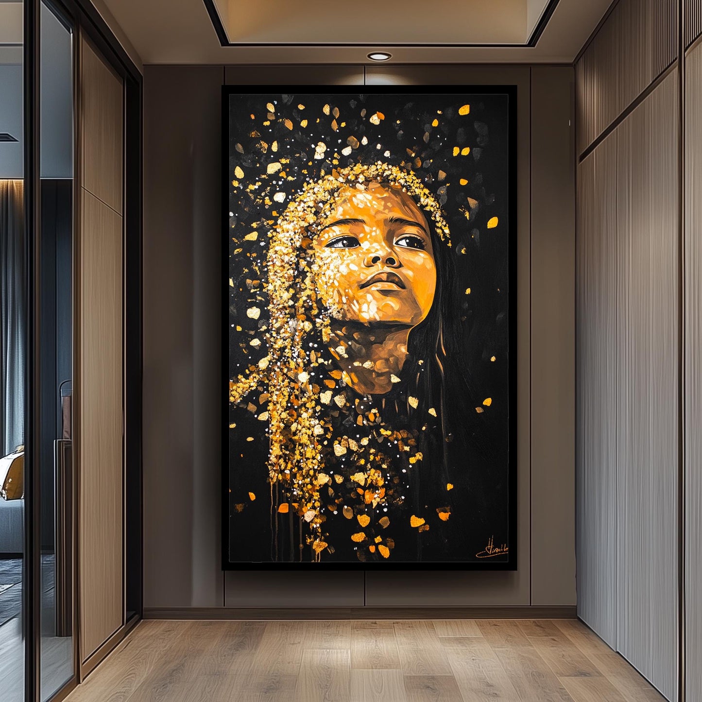 Golden Girl Wall Art - Black and Gold Portrait Painting - Abstract Feminine Canvas Print Women Modern Home Decor - Women Wall Decor