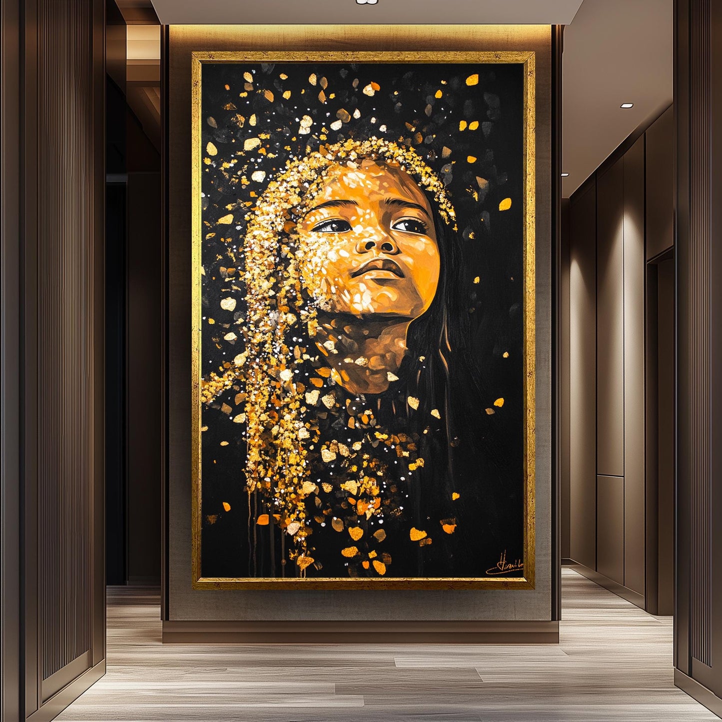 Golden Girl Wall Art - Black and Gold Portrait Painting - Abstract Feminine Canvas Print Women Modern Home Decor - Women Wall Decor