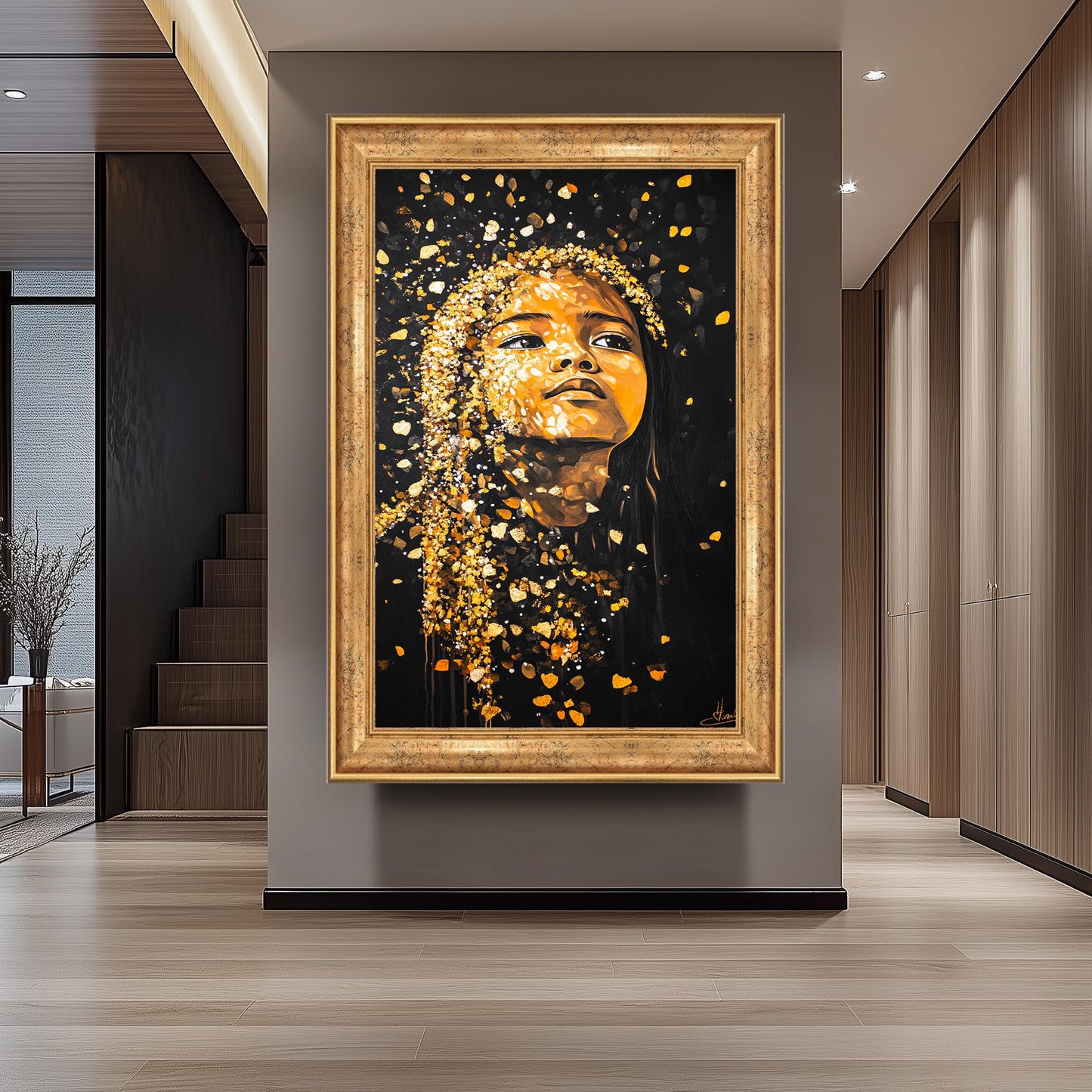 Golden Girl Wall Art - Black and Gold Portrait Painting - Abstract Feminine Canvas Print Women Modern Home Decor - Women Wall Decor