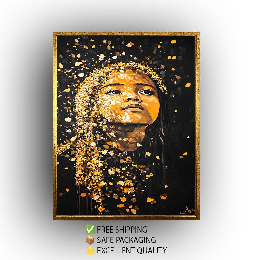 Golden Girl Wall Art - Black and Gold Portrait Painting - Abstract Feminine Canvas Print Women Modern Home Decor - Women Wall Decor