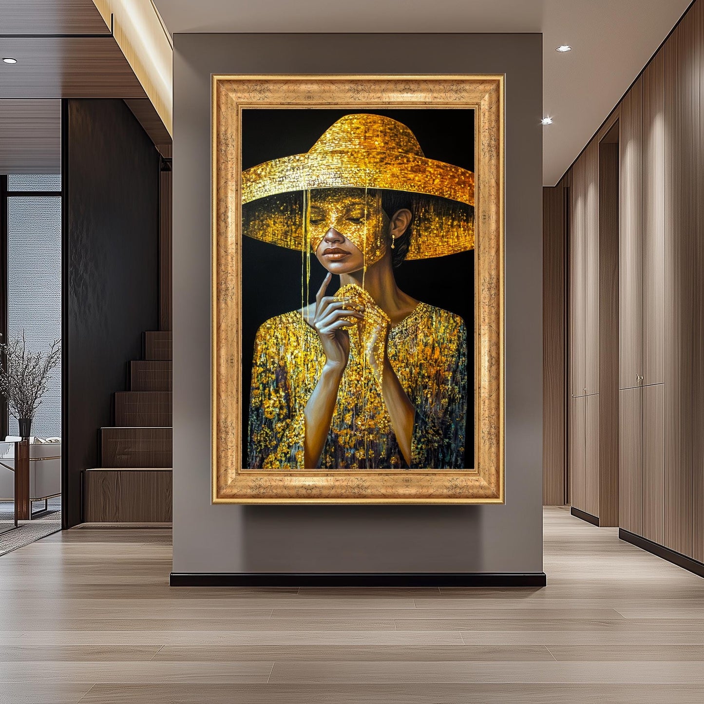 Golden Woman Wall Art, Luxury Black and Gold Painting, Female Portrait, Modern Glamour Canvas, Fashionable Wall Decor Gold Women art