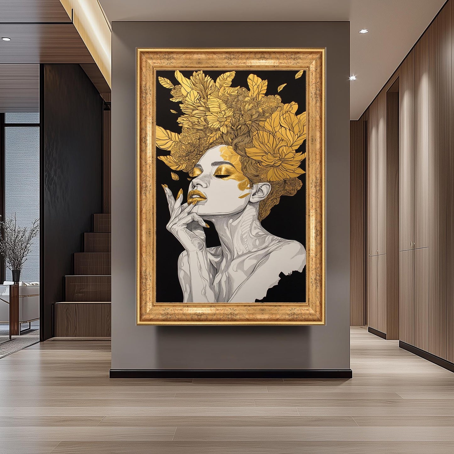 Golden Floral Woman Wall Art, Black and Gold Feminine Portrait, Luxury Canvas Print, Modern Glam Home Decor, Gold Woman Decor, Woman art