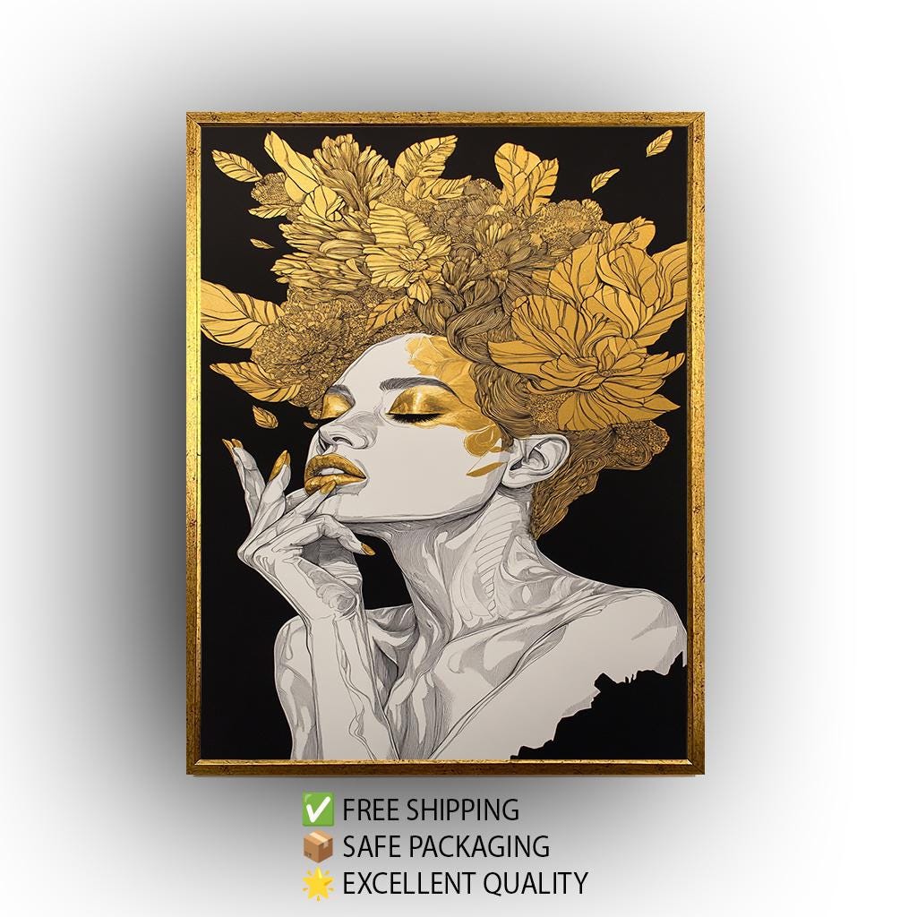 Golden Floral Woman Wall Art, Black and Gold Feminine Portrait, Luxury Canvas Print, Modern Glam Home Decor, Gold Woman Decor, Woman art