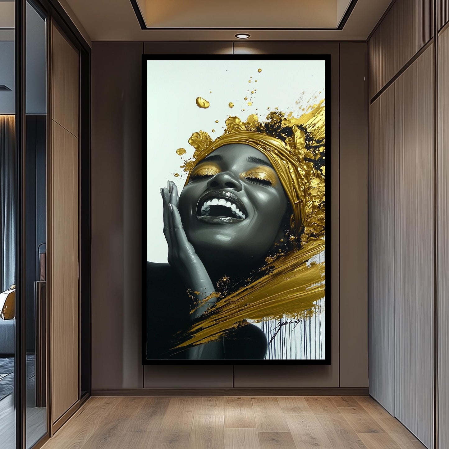 Golden Joyful Woman Wall Art, Black and Gold Abstract Portrait, Modern Luxury Canvas Print, Elegant Feminine Artwork, Home Decor Wall Art