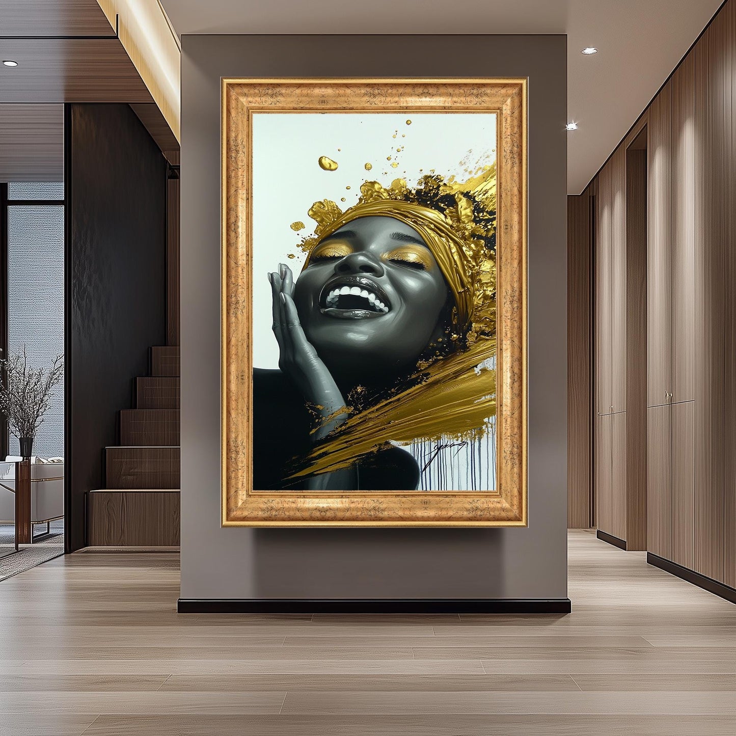 Golden Joyful Woman Wall Art, Black and Gold Abstract Portrait, Modern Luxury Canvas Print, Elegant Feminine Artwork, Home Decor Wall Art