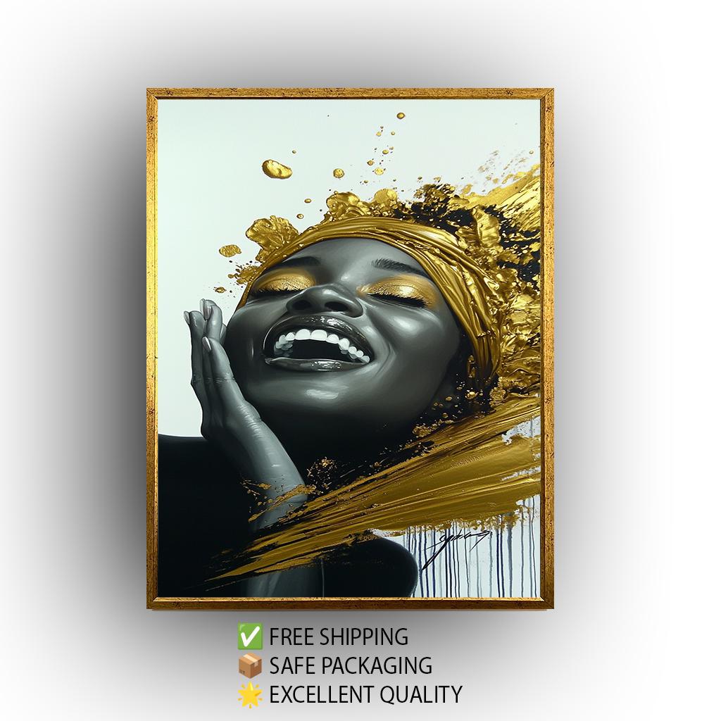 Golden Joyful Woman Wall Art, Black and Gold Abstract Portrait, Modern Luxury Canvas Print, Elegant Feminine Artwork, Home Decor Wall Art