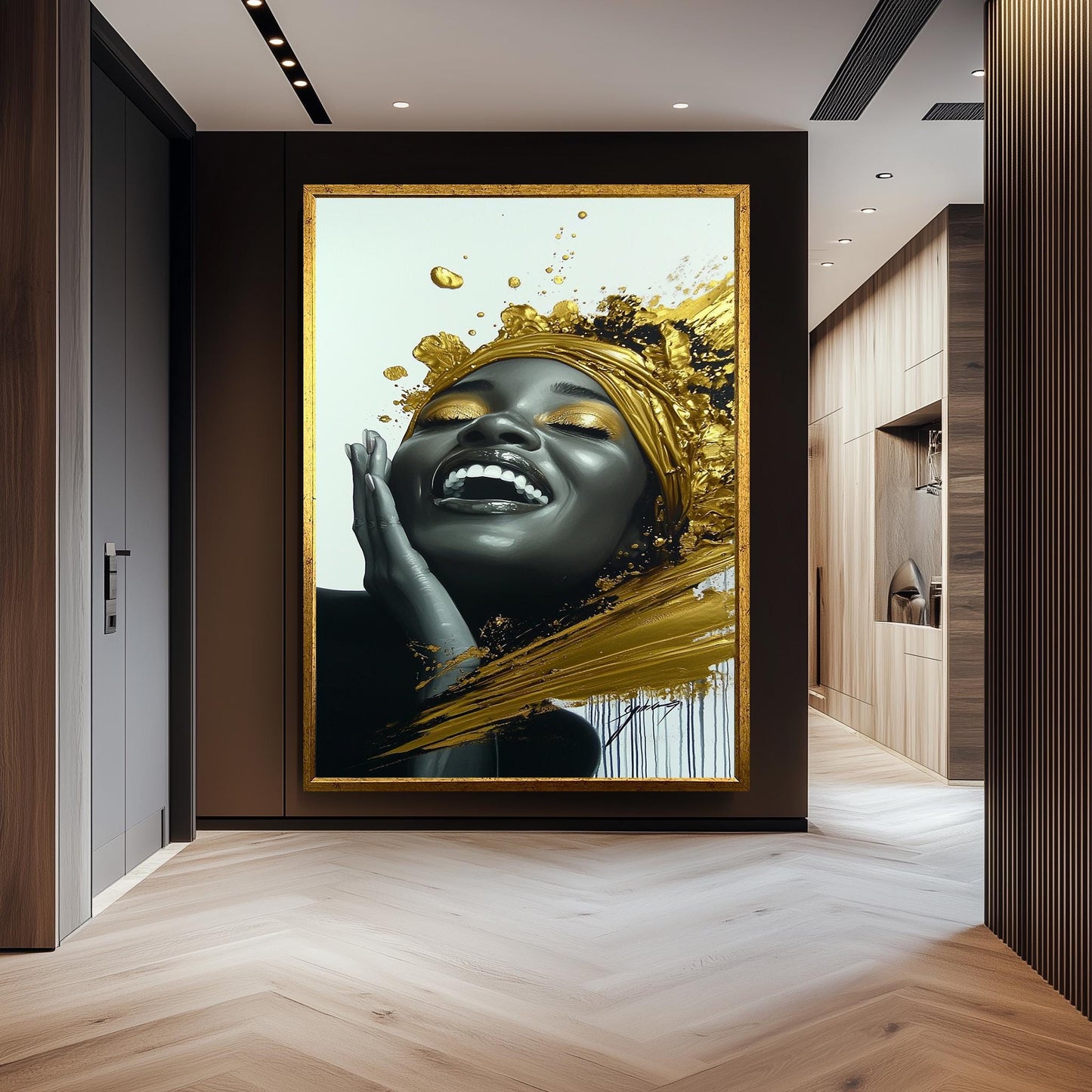 Golden Joyful Woman Wall Art, Black and Gold Abstract Portrait, Modern Luxury Canvas Print, Elegant Feminine Artwork, Home Decor Wall Art