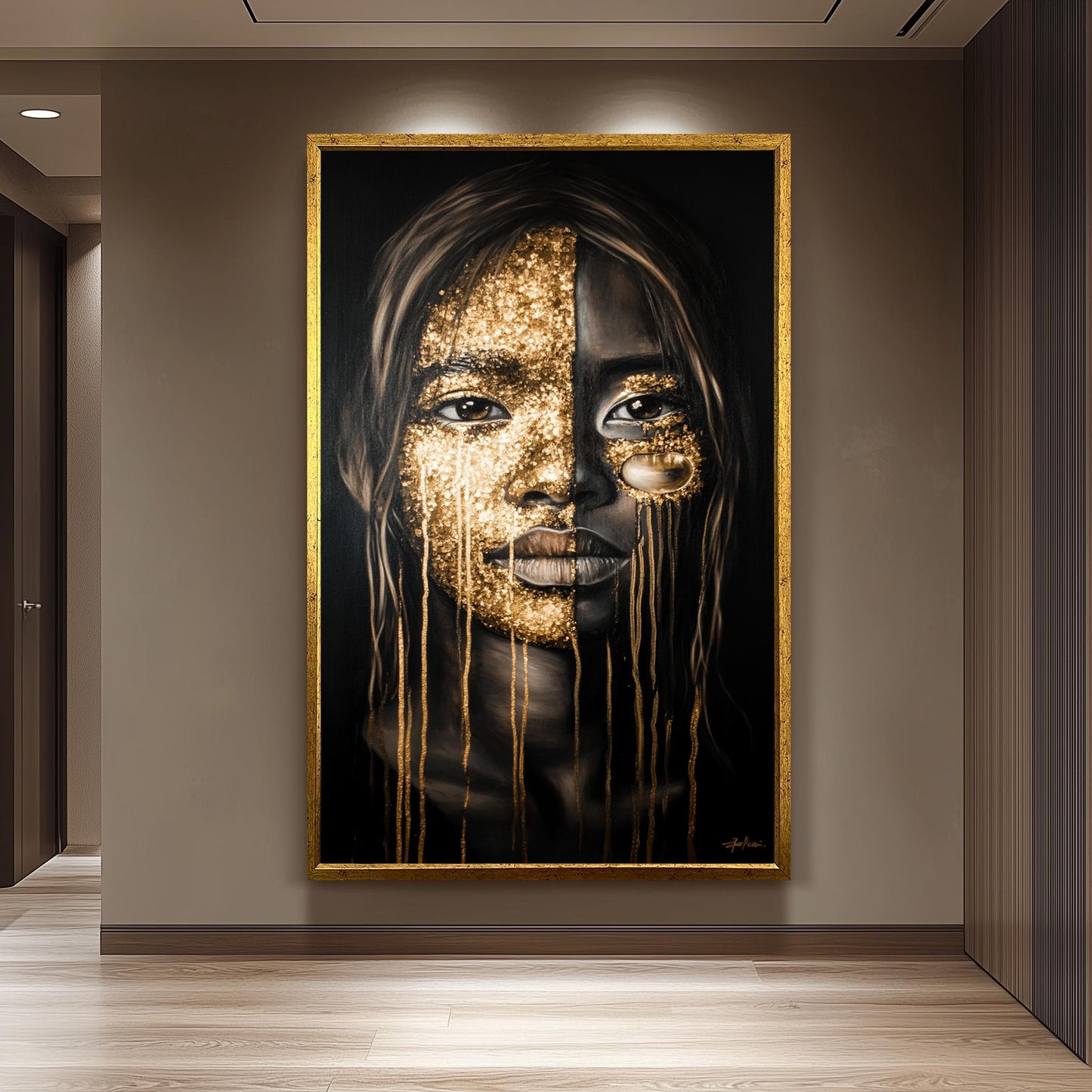 Golden Face Wall Art, Black and Gold Abstract Portrait, Modern Feminine Canvas Print, Luxury Statement Artwork, Contemporary Home Decor