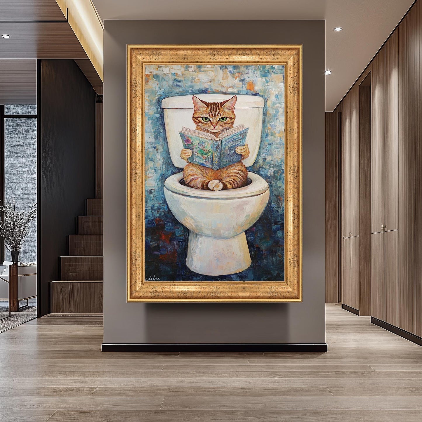 Funny Cat Bathroom Wall Art, Whimsical Cat Reading Painting, Quirky Toilet Humor Canvas Print, Playful Feline Decor, Unique Bathroom Artwork
