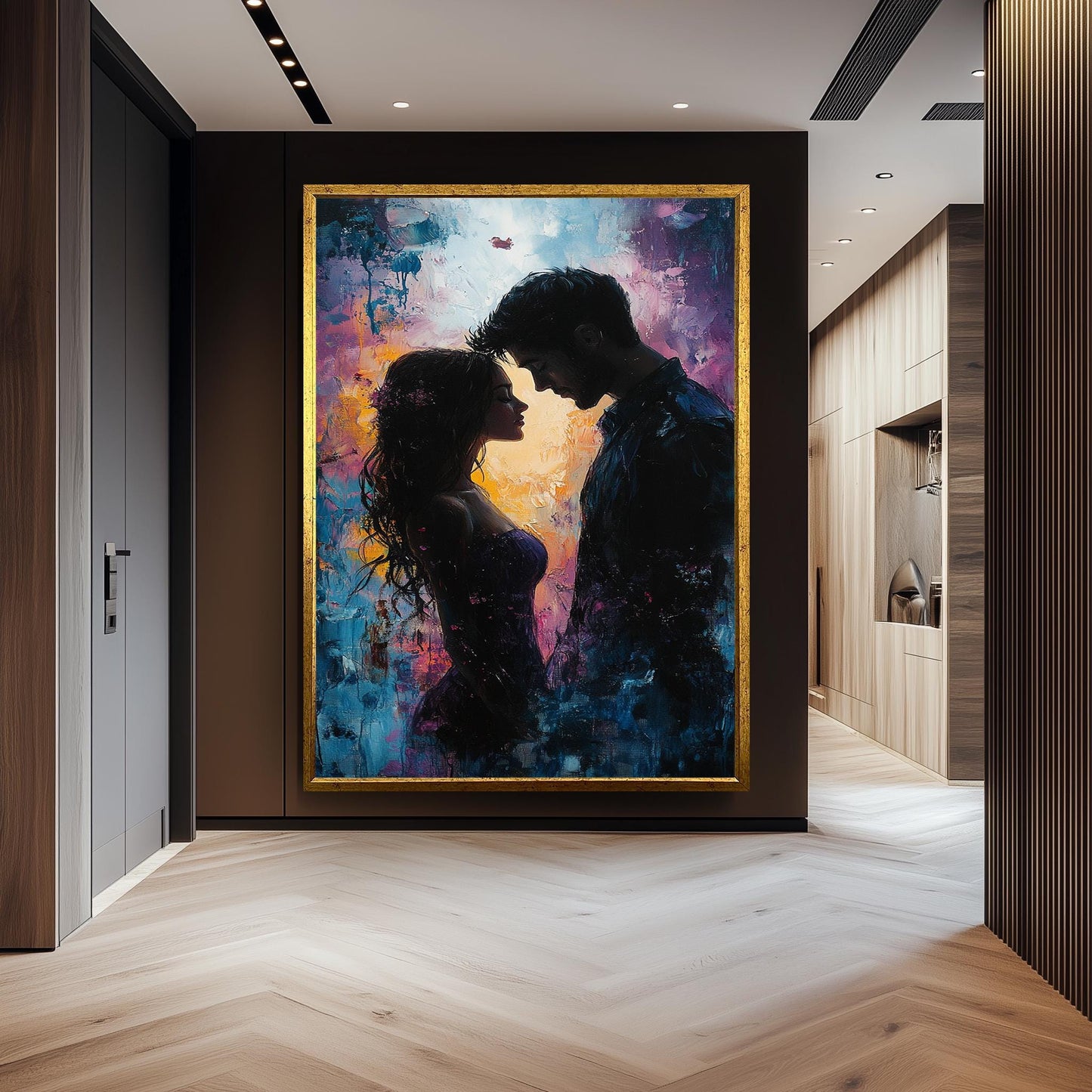 Romantic Couple Painting, Intimate Lovers Wall Art, Passionate Love Silhouette Print, Abstract Relationship Artwork, Modern Bedroom Decor
