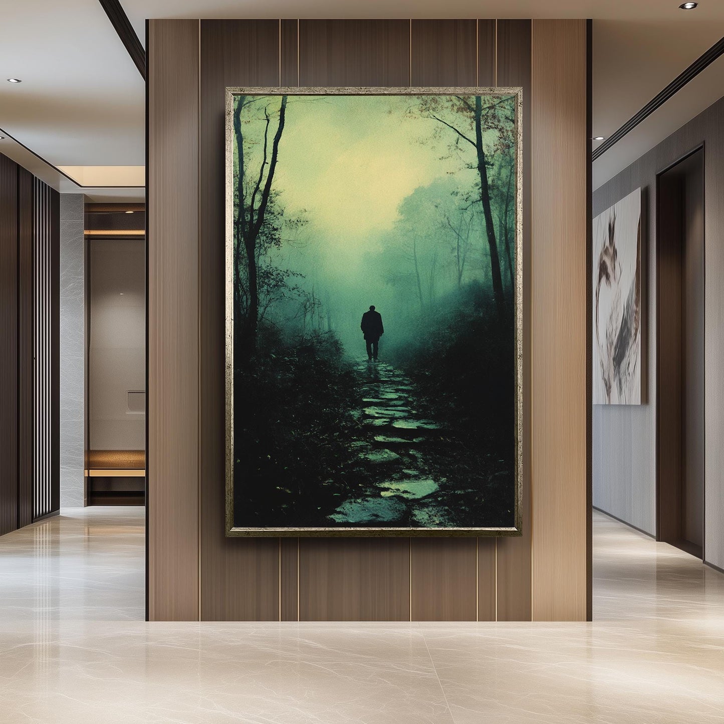 Mysterious Figure in Foggy Forest, Moody Atmospheric Artwork, Dark Aesthetic Wall Art, Solitary Man Walking, Vintage Noir Landscape Print