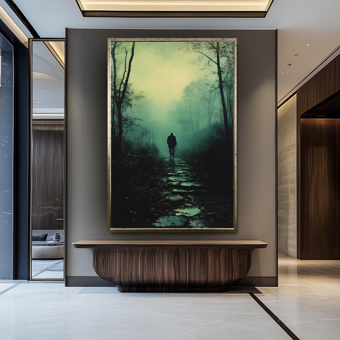 Mysterious Figure in Foggy Forest, Moody Atmospheric Artwork, Dark Aesthetic Wall Art, Solitary Man Walking, Vintage Noir Landscape Print