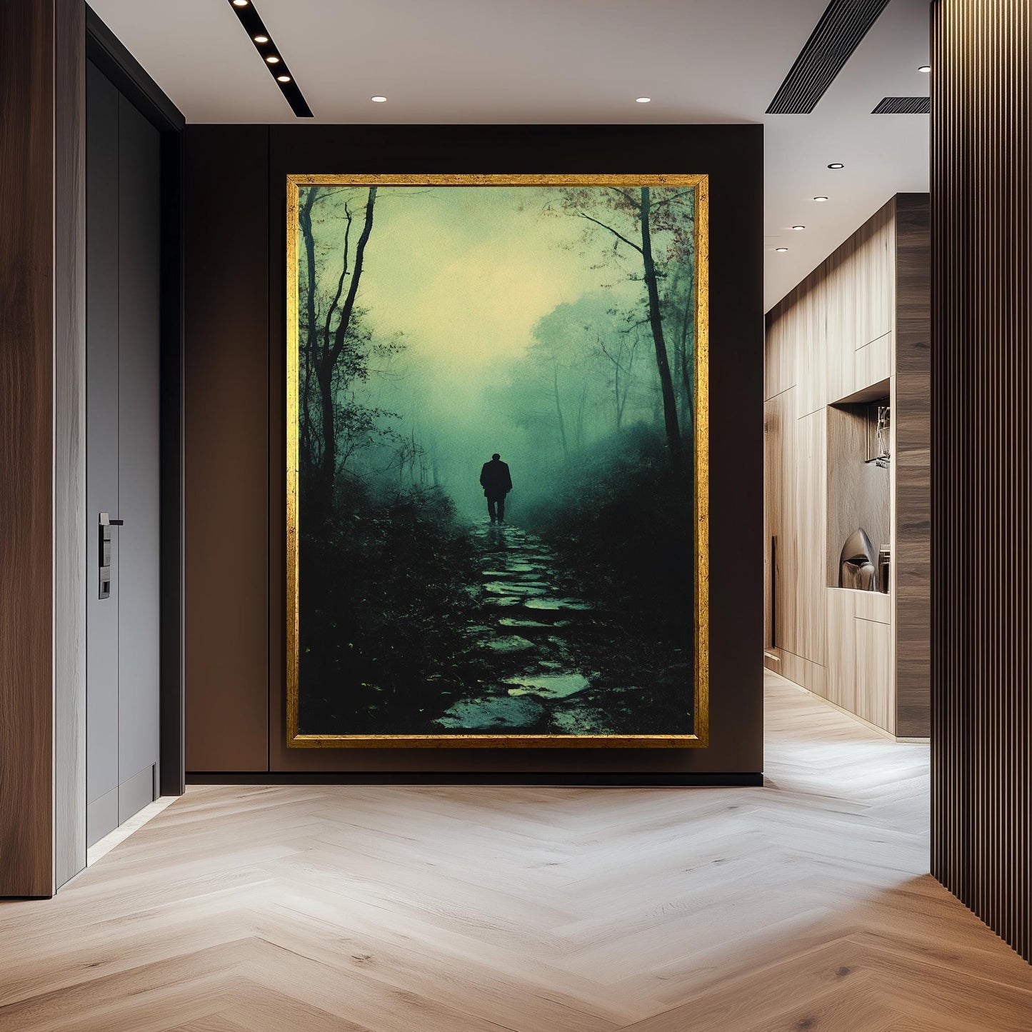 Mysterious Figure in Foggy Forest, Moody Atmospheric Artwork, Dark Aesthetic Wall Art, Solitary Man Walking, Vintage Noir Landscape Print