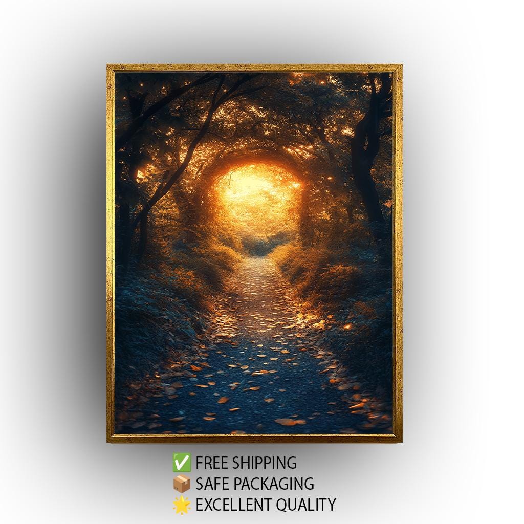 Enchanted Forest Pathway, Mystical Golden Light Artwork, Dreamy Woodland Scene, Fantasy Nature Wall Art, Magical Autumn Glow Print Nature