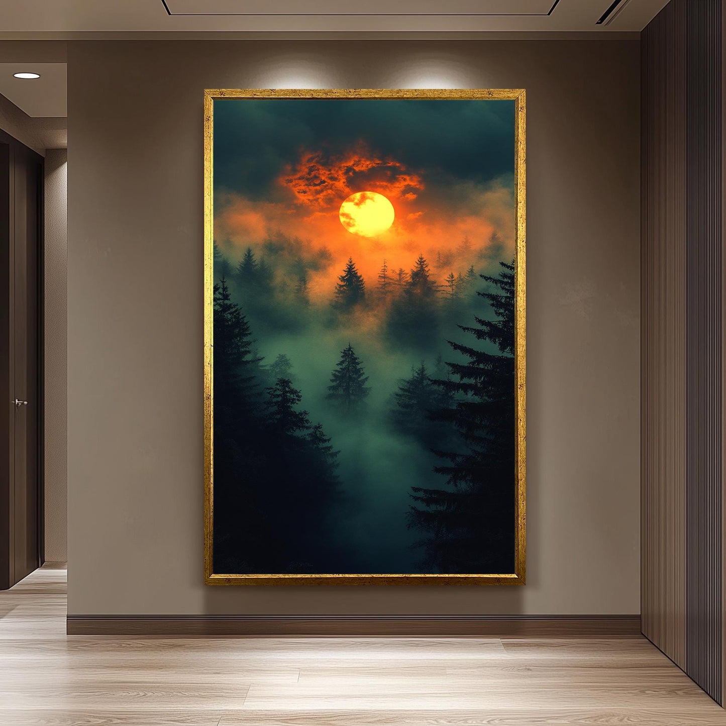 Mystical Sunset Over Foggy Forest, Dramatic Nature Wall Art, Enchanted Woodland Landscape, Moody Atmospheric Print, Dark Fantasy Decor