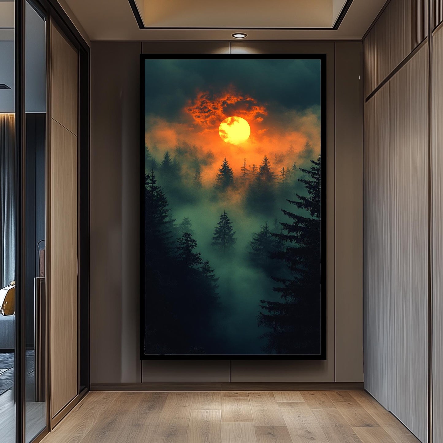 Mystical Sunset Over Foggy Forest, Dramatic Nature Wall Art, Enchanted Woodland Landscape, Moody Atmospheric Print, Dark Fantasy Decor