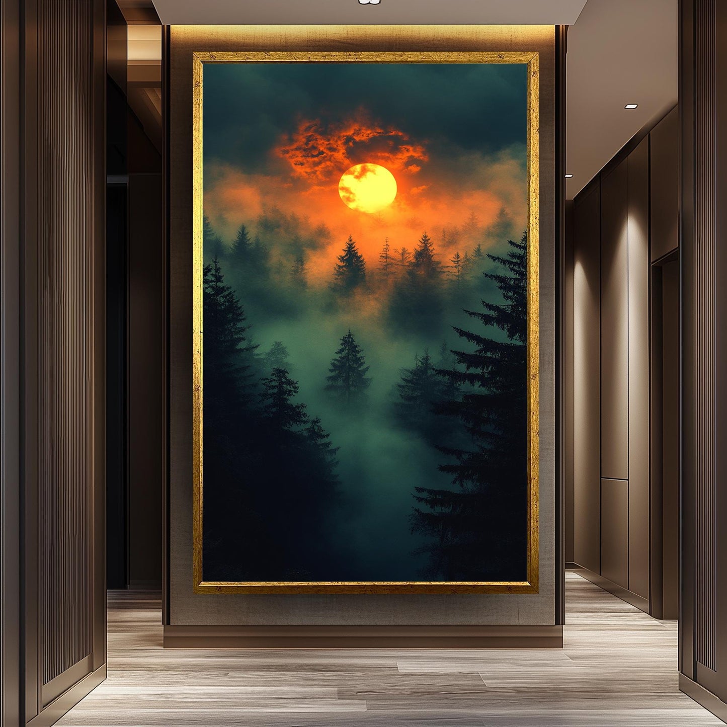 Mystical Sunset Over Foggy Forest, Dramatic Nature Wall Art, Enchanted Woodland Landscape, Moody Atmospheric Print, Dark Fantasy Decor