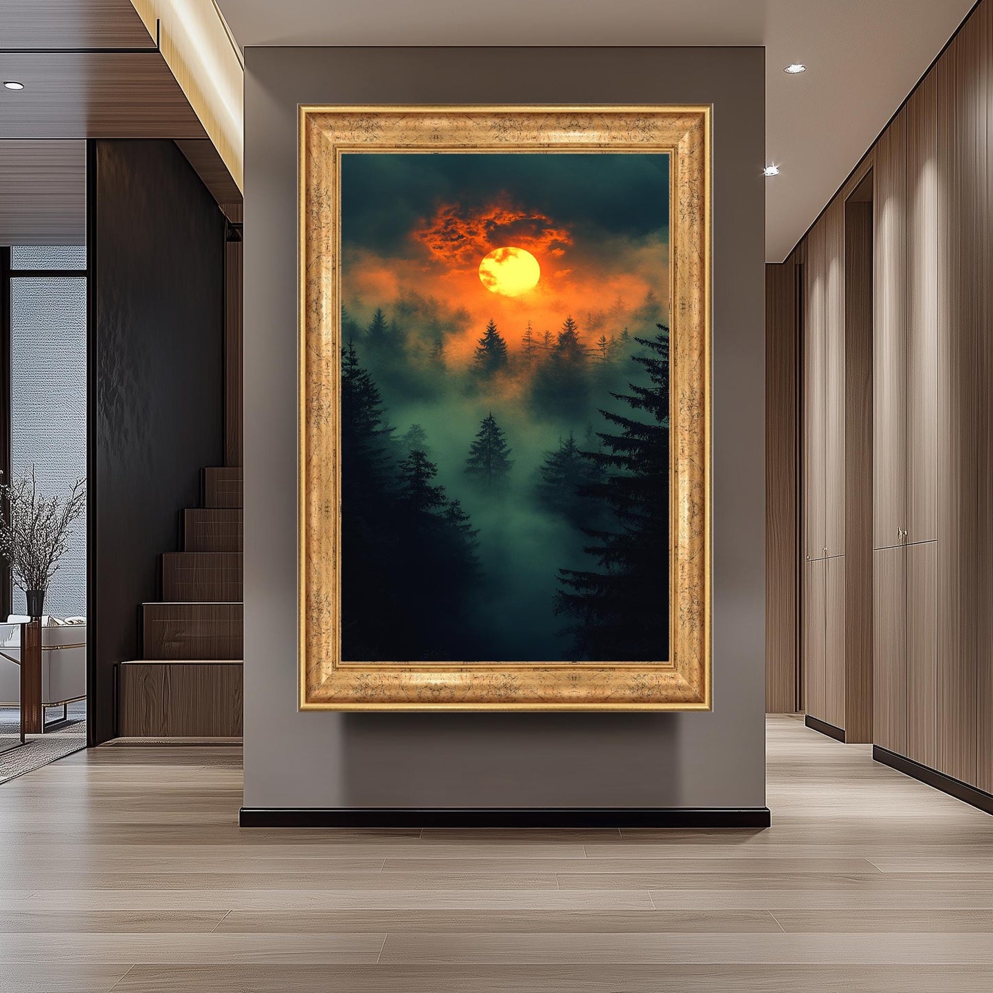 Mystical Sunset Over Foggy Forest, Dramatic Nature Wall Art, Enchanted Woodland Landscape, Moody Atmospheric Print, Dark Fantasy Decor