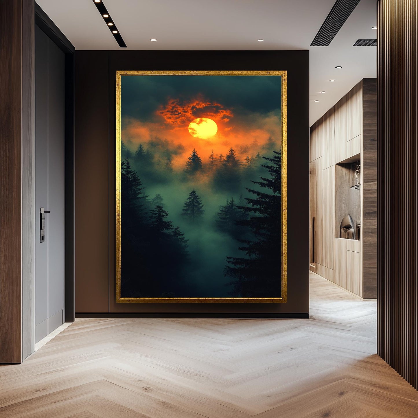 Mystical Sunset Over Foggy Forest, Dramatic Nature Wall Art, Enchanted Woodland Landscape, Moody Atmospheric Print, Dark Fantasy Decor