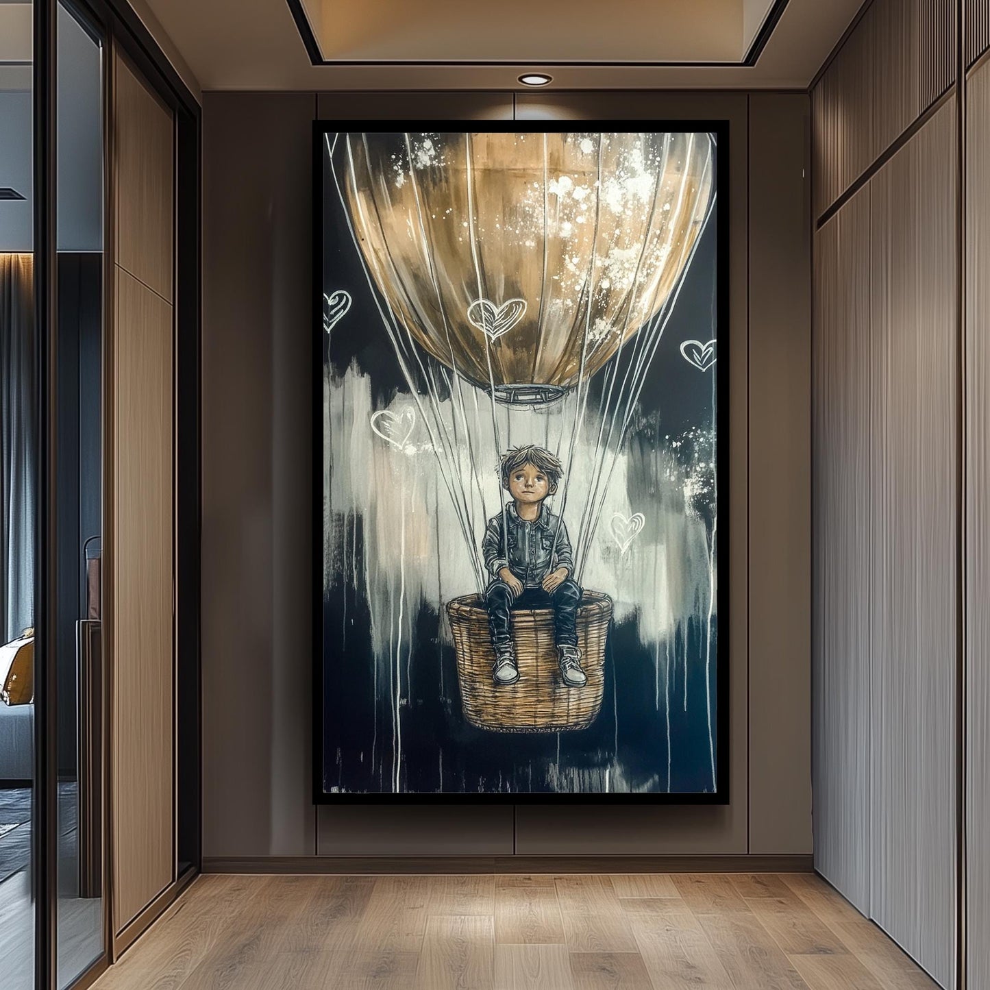 Graffiti-Style Hot Air Balloon Art, Dreamy Adventure Wall Decor , Boy in Balloon Painting, Black and Gold Fantasy Artwork, Urban Street Art