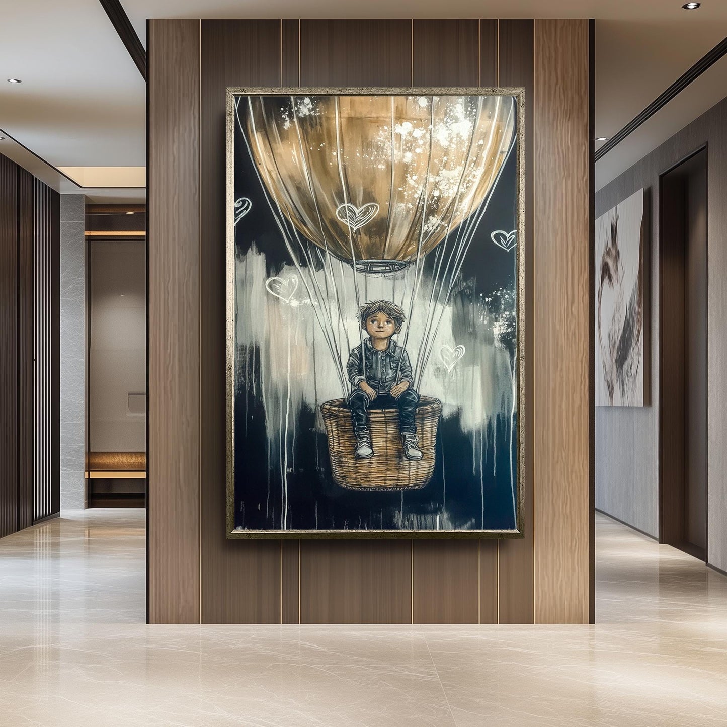 Graffiti-Style Hot Air Balloon Art, Dreamy Adventure Wall Decor , Boy in Balloon Painting, Black and Gold Fantasy Artwork, Urban Street Art