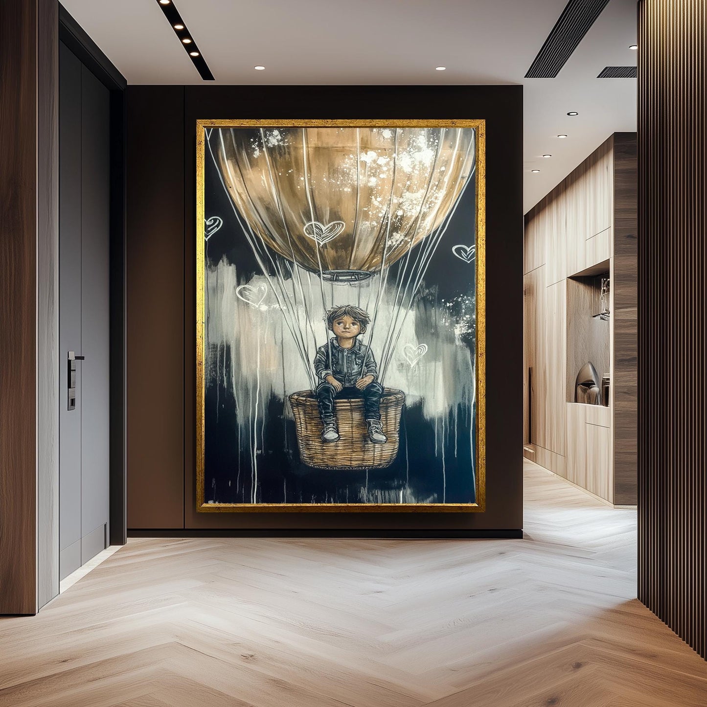 Graffiti-Style Hot Air Balloon Art, Dreamy Adventure Wall Decor , Boy in Balloon Painting, Black and Gold Fantasy Artwork, Urban Street Art