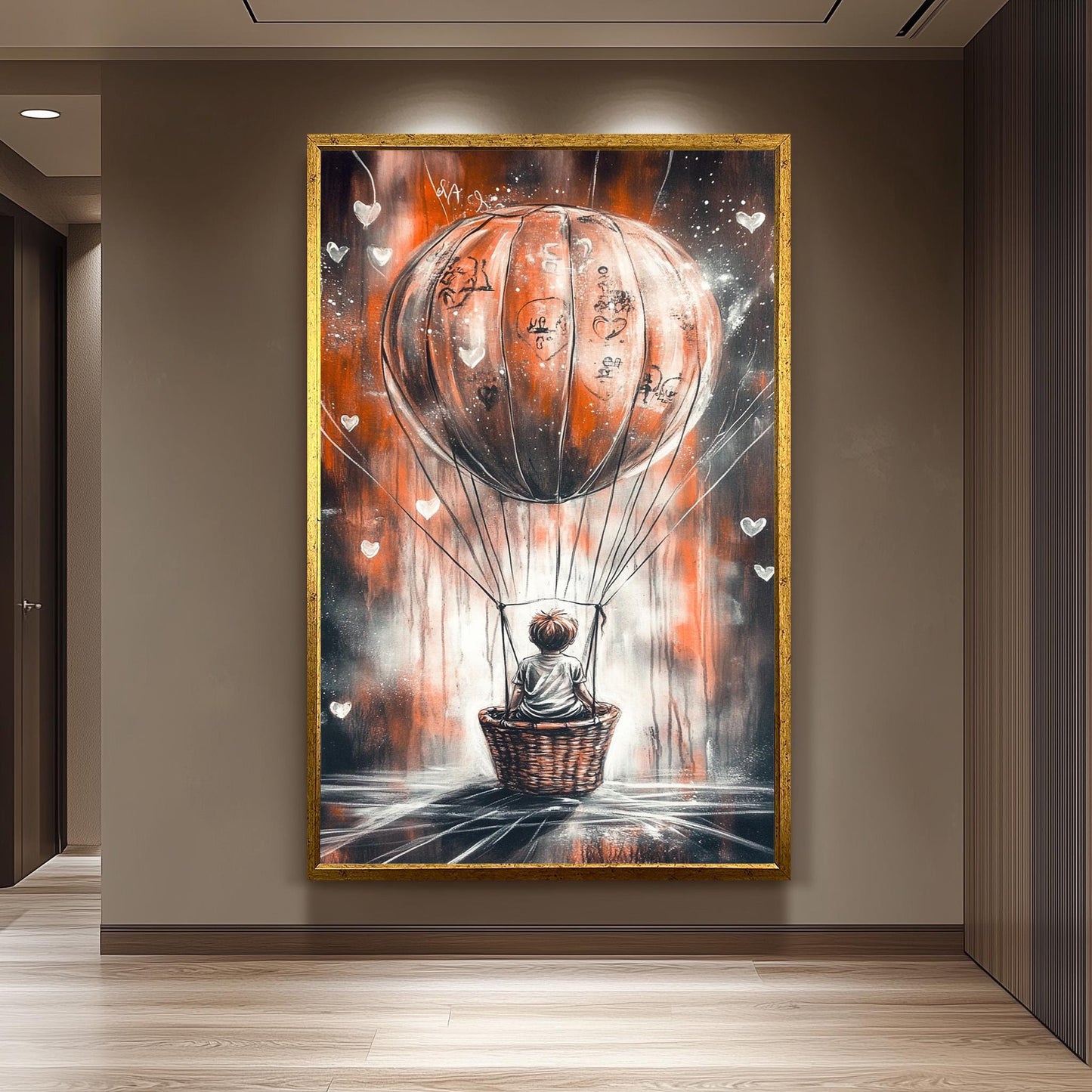 Graffiti-Style Hot Air Balloon Art, Whimsical Child Adventure Painting, Dreamy Urban Street Art, Surreal Fantasy Wall Decor, Modern Decor