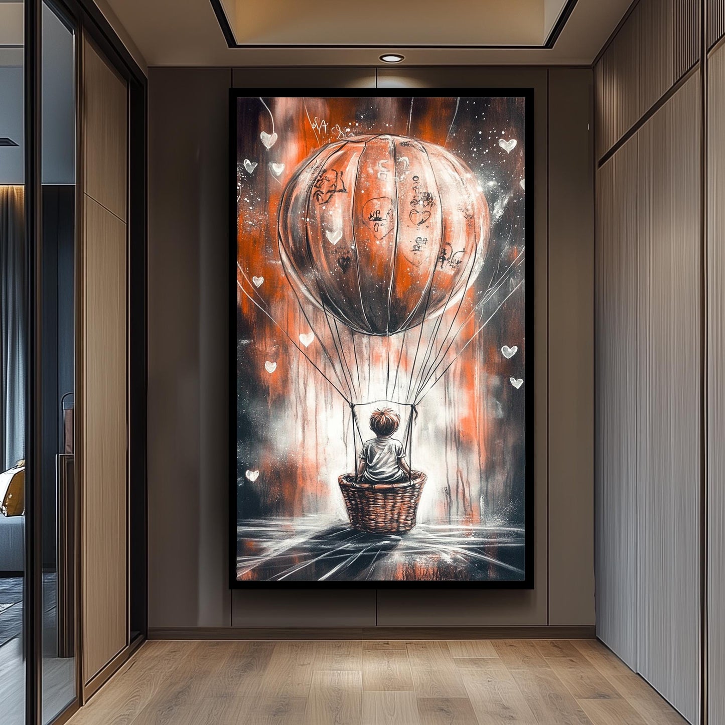 Graffiti-Style Hot Air Balloon Art, Whimsical Child Adventure Painting, Dreamy Urban Street Art, Surreal Fantasy Wall Decor, Modern Decor