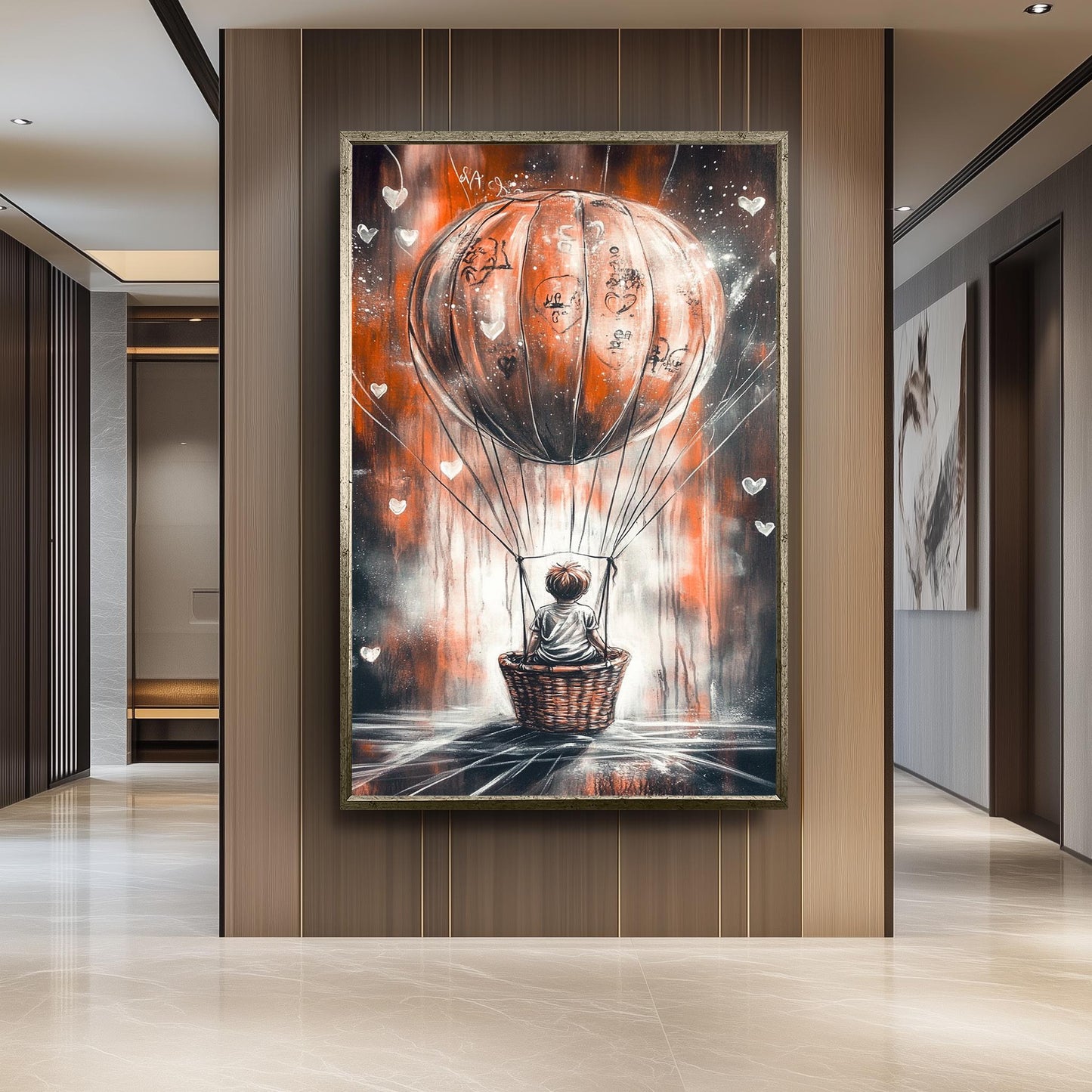 Graffiti-Style Hot Air Balloon Art, Whimsical Child Adventure Painting, Dreamy Urban Street Art, Surreal Fantasy Wall Decor, Modern Decor