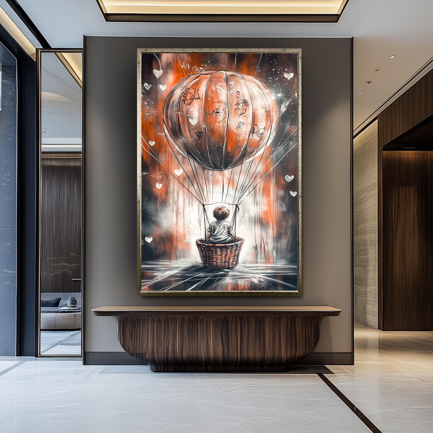 Graffiti-Style Hot Air Balloon Art, Whimsical Child Adventure Painting, Dreamy Urban Street Art, Surreal Fantasy Wall Decor, Modern Decor