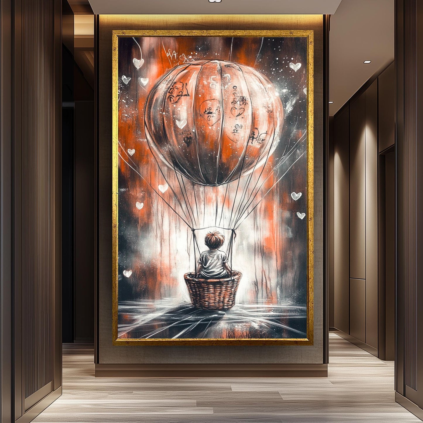 Graffiti-Style Hot Air Balloon Art, Whimsical Child Adventure Painting, Dreamy Urban Street Art, Surreal Fantasy Wall Decor, Modern Decor