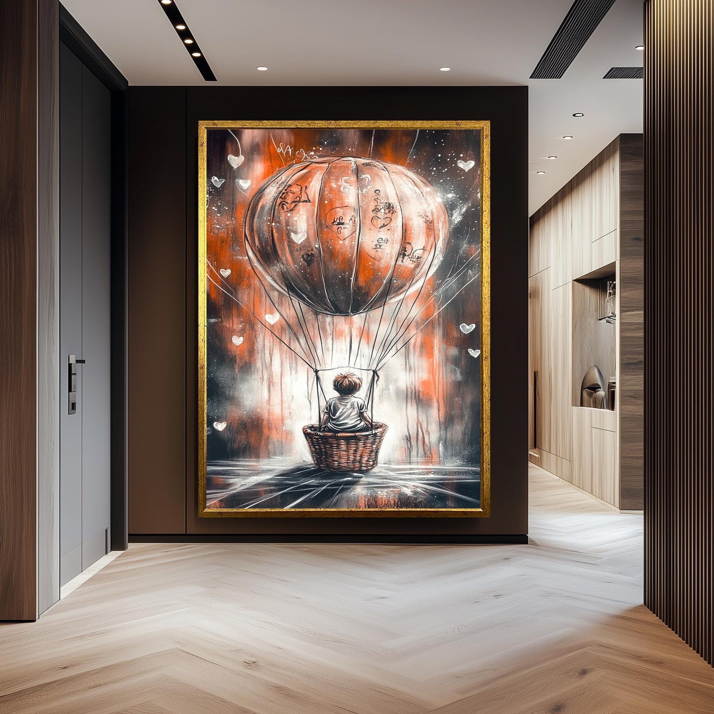 Graffiti-Style Hot Air Balloon Art, Whimsical Child Adventure Painting, Dreamy Urban Street Art, Surreal Fantasy Wall Decor, Modern Decor