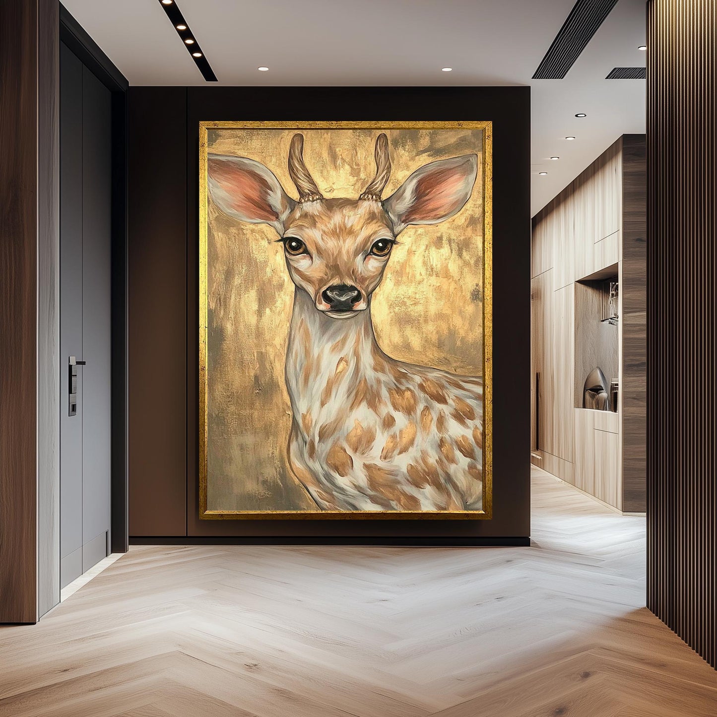 Golden Deer Painting on Canvas, Elegant Wildlife Wall Art, Hand Painted Animal Artwork, Modern Gold Home Decor, Rustic Nature Gift for Her