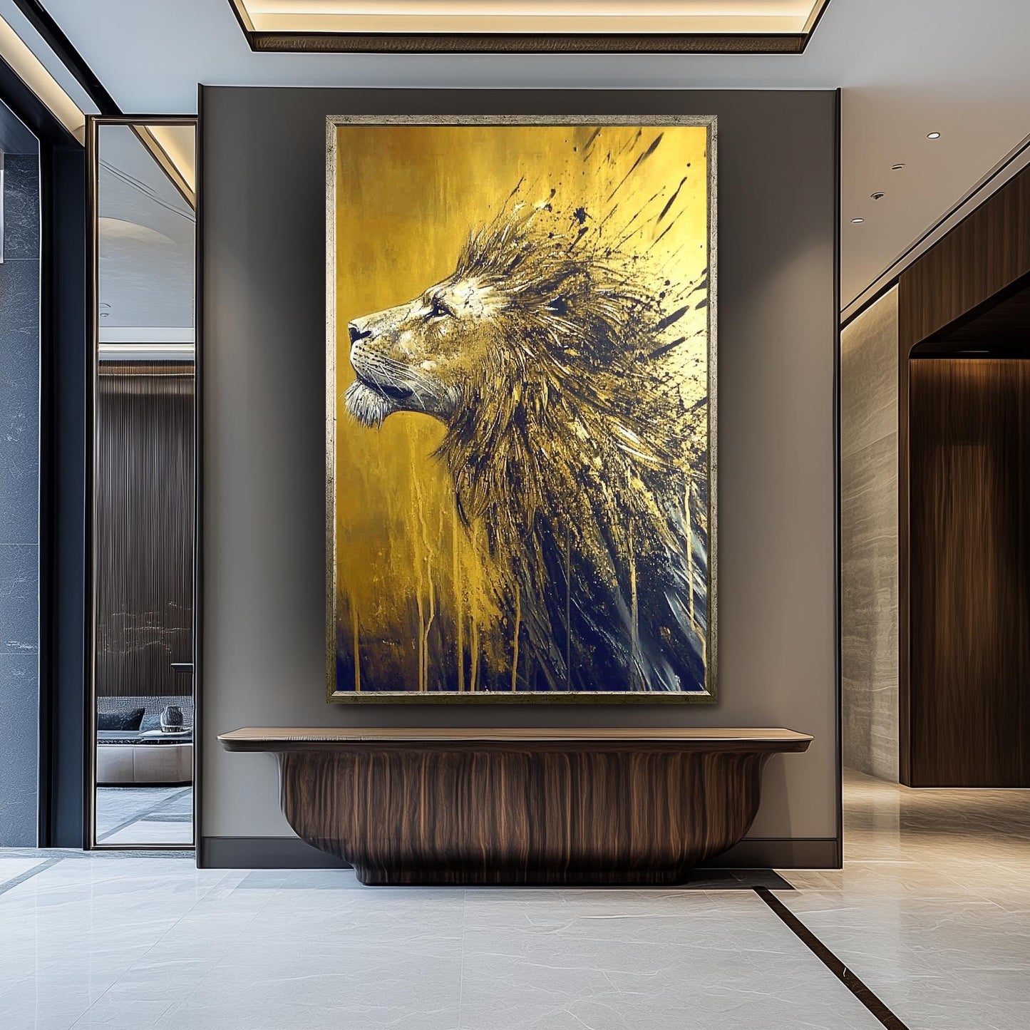 Golden Lion Abstract Painting, Majestic Animal Wall Art, Hand Painted Modern Wildlife Canvas, Bold Gold and Black Decor, Regal Lion Gift