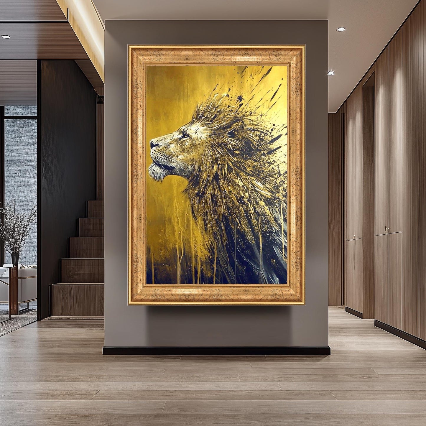 Golden Lion Abstract Painting, Majestic Animal Wall Art, Hand Painted Modern Wildlife Canvas, Bold Gold and Black Decor, Regal Lion Gift