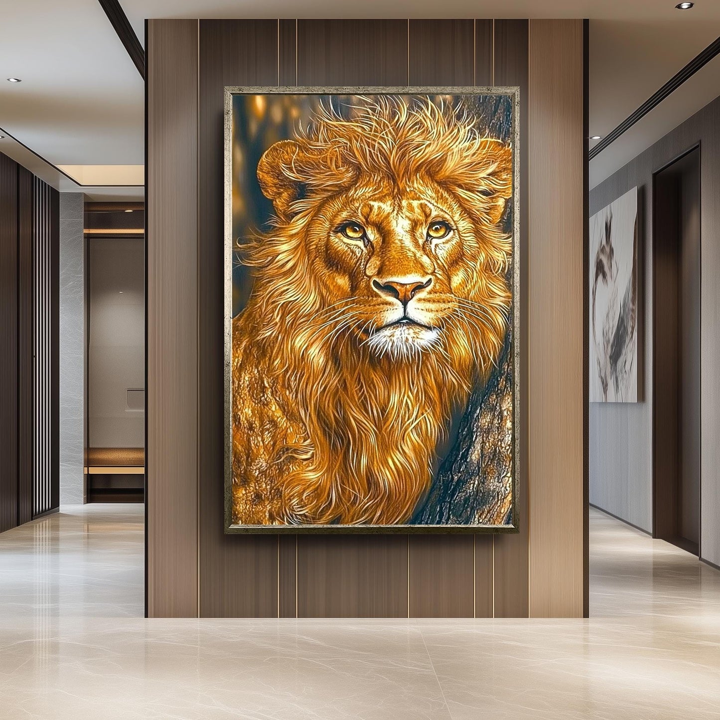 Golden Lion Portrait Painting, Majestic Wildlife Wall Art, Hand Painted Realistic Lion Canvas, Regal Animal Artwork, Bold Safari Home Decor