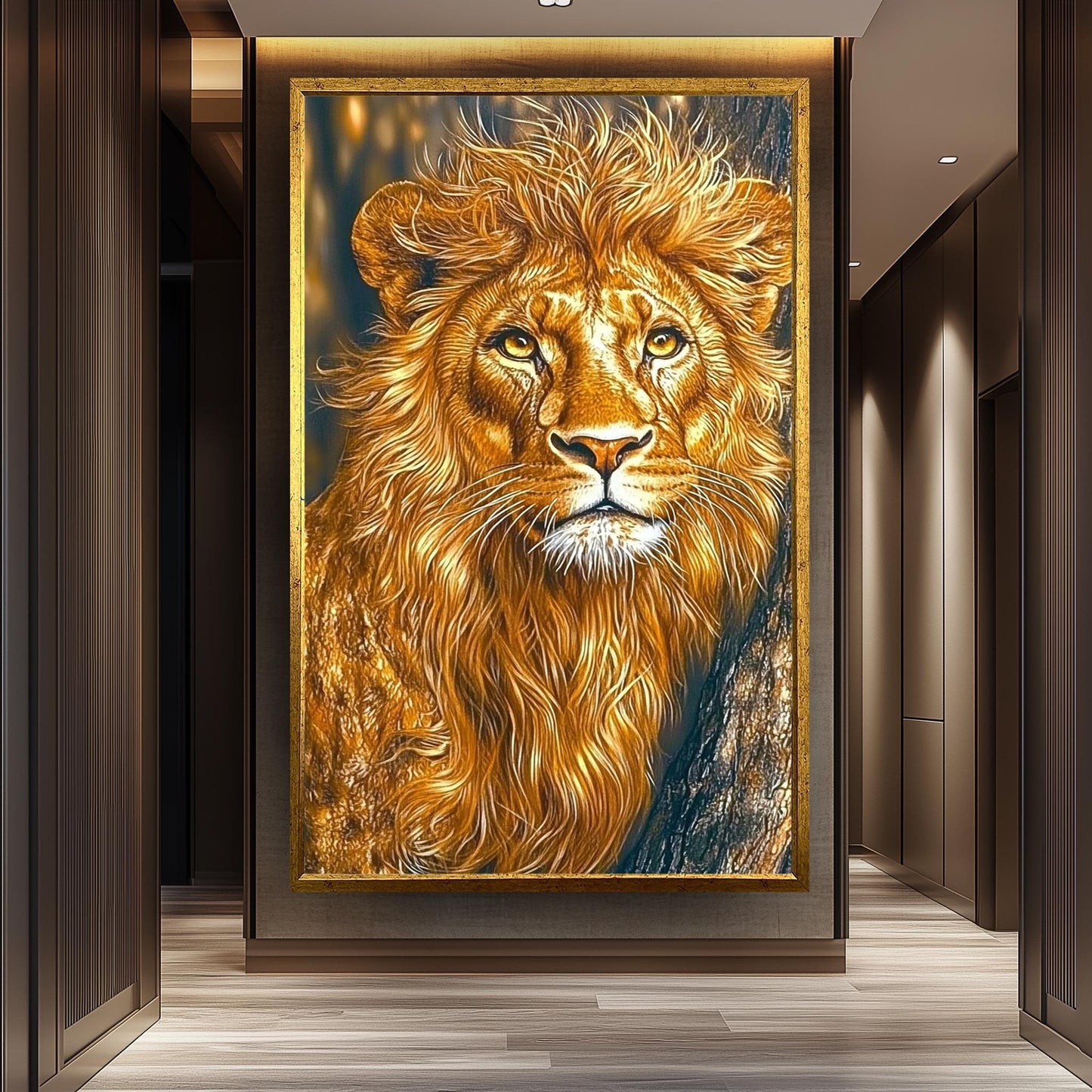 Golden Lion Portrait Painting, Majestic Wildlife Wall Art, Hand Painted Realistic Lion Canvas, Regal Animal Artwork, Bold Safari Home Decor