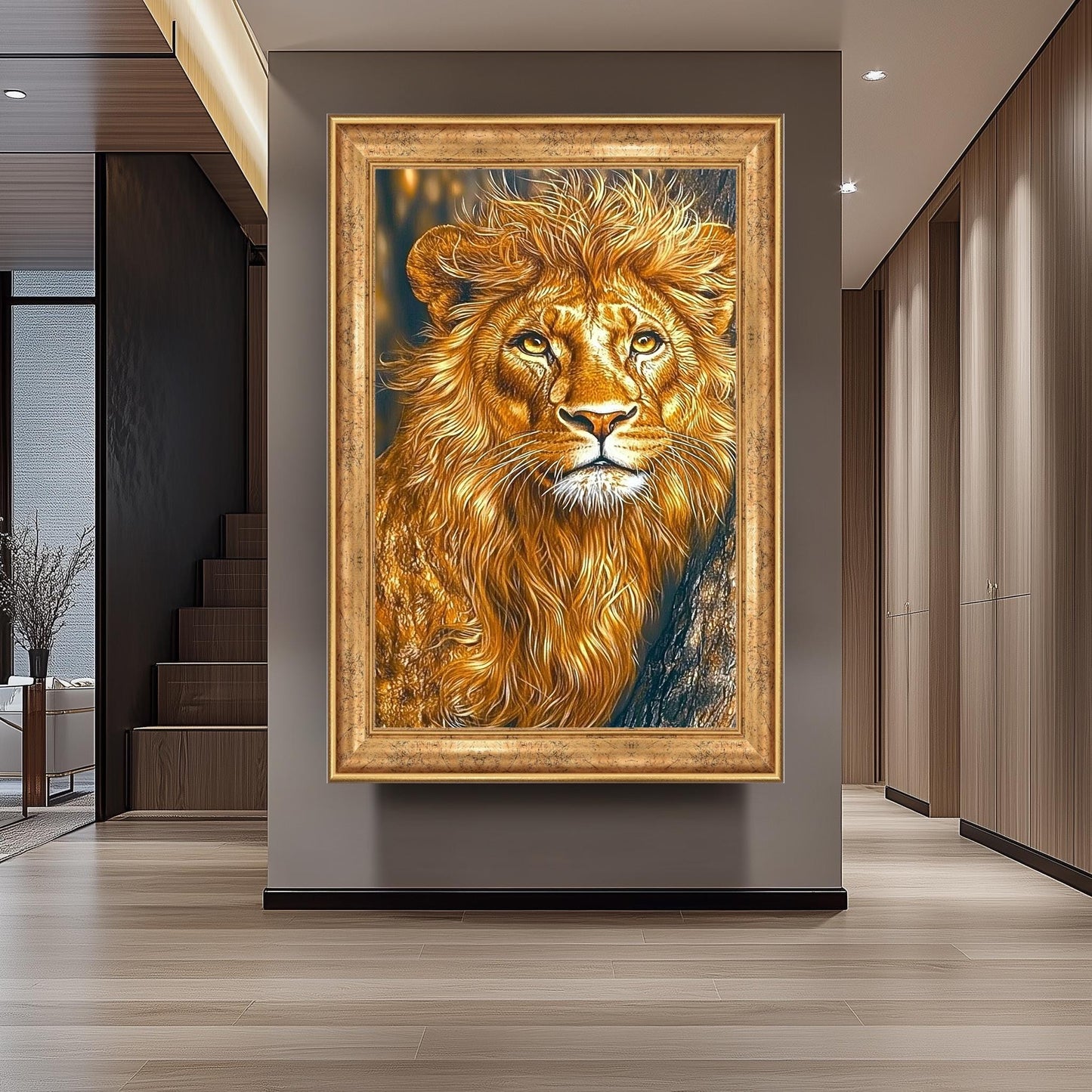 Golden Lion Portrait Painting, Majestic Wildlife Wall Art, Hand Painted Realistic Lion Canvas, Regal Animal Artwork, Bold Safari Home Decor
