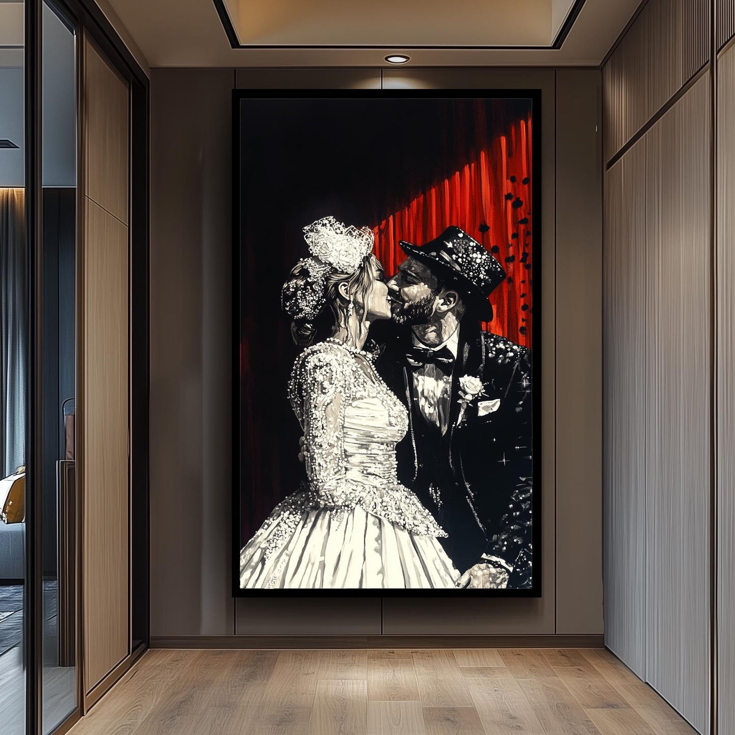 Elegant Wedding Couple Painting, Romantic Black and White Art, Hand Painted Bride and Groom Canvas, Classic Love Portrait, Unique Gift