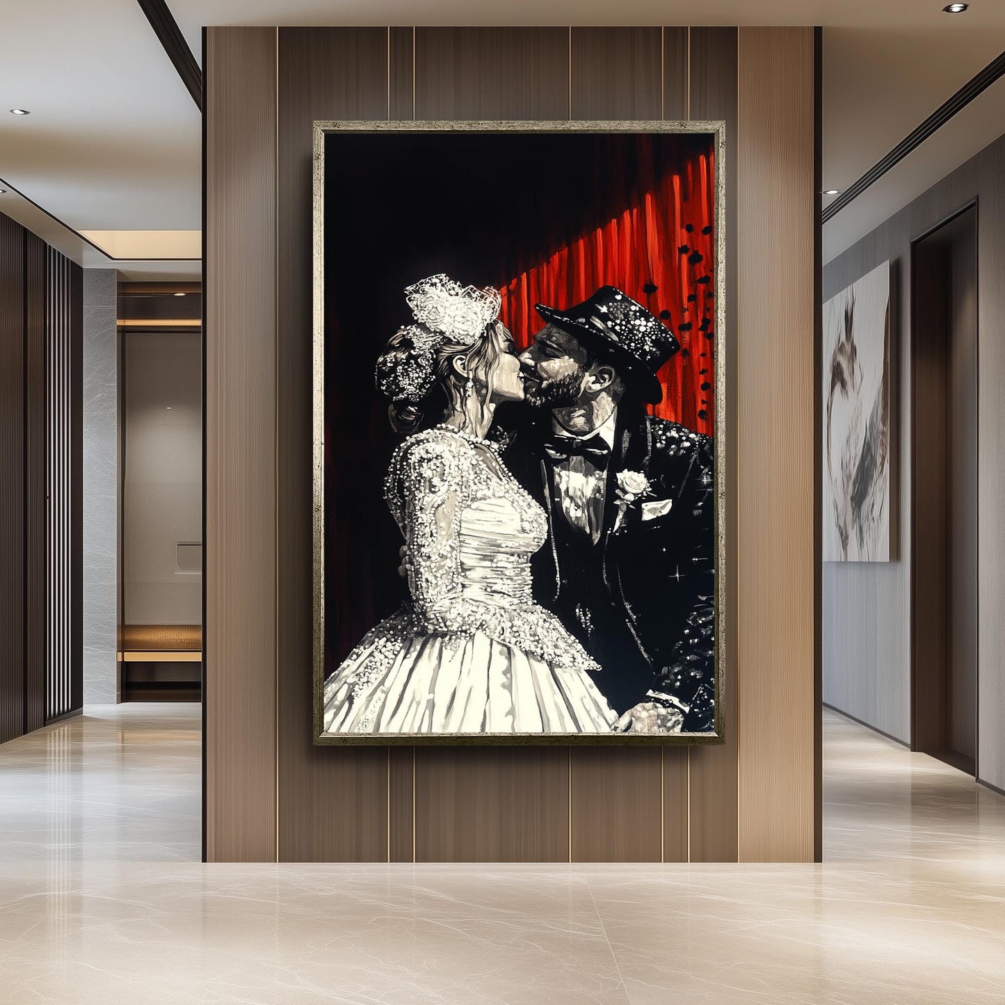 Elegant Wedding Couple Painting, Romantic Black and White Art, Hand Painted Bride and Groom Canvas, Classic Love Portrait, Unique Gift