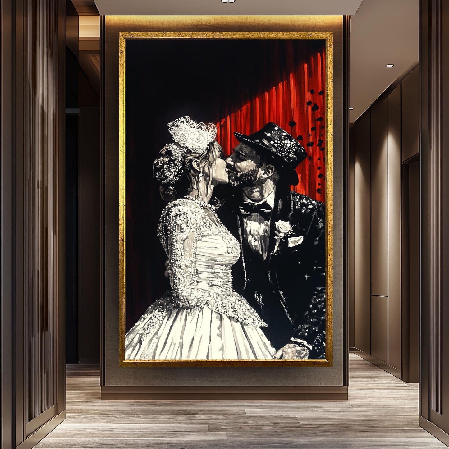 Elegant Wedding Couple Painting, Romantic Black and White Art, Hand Painted Bride and Groom Canvas, Classic Love Portrait, Unique Gift