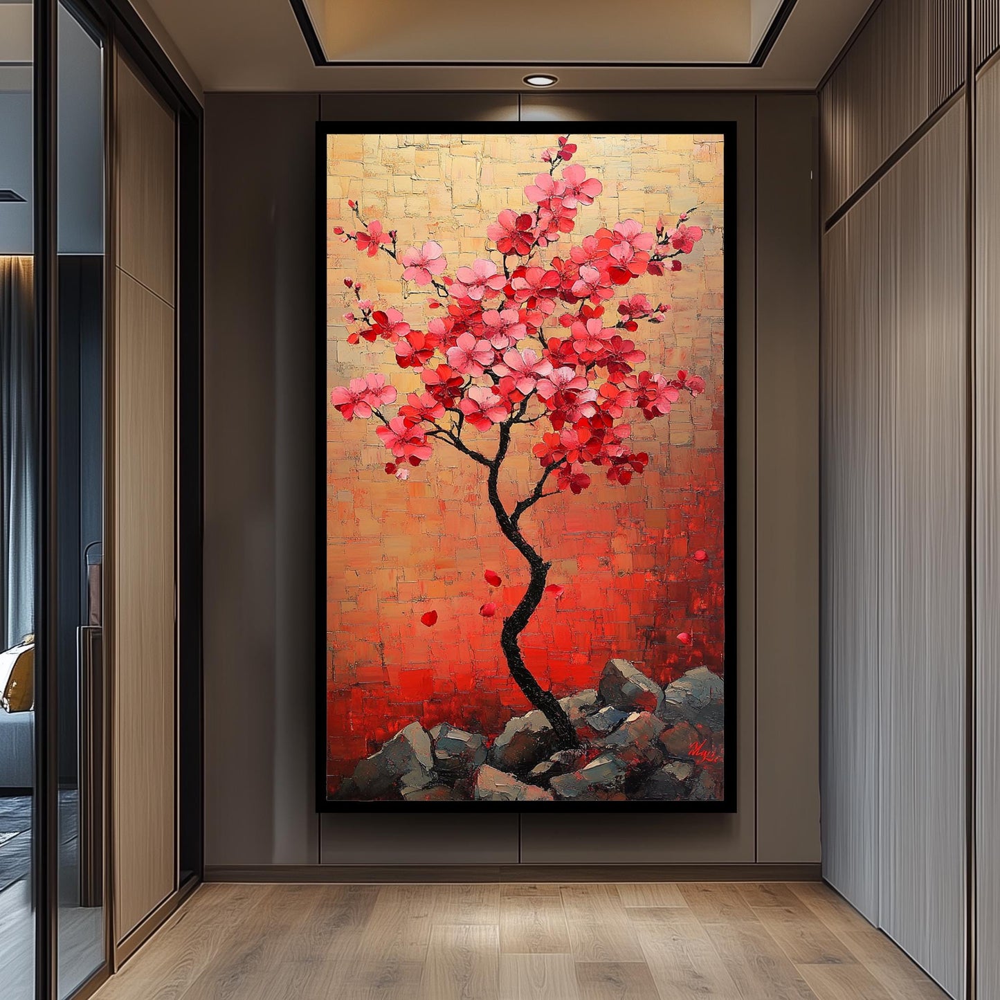 Cherry Blossom Tree Painting, Japanese Sakura Wall Art, Hand Painted Floral Canvas, Textured Blossom Artwork, Elegant Nature Home Decor