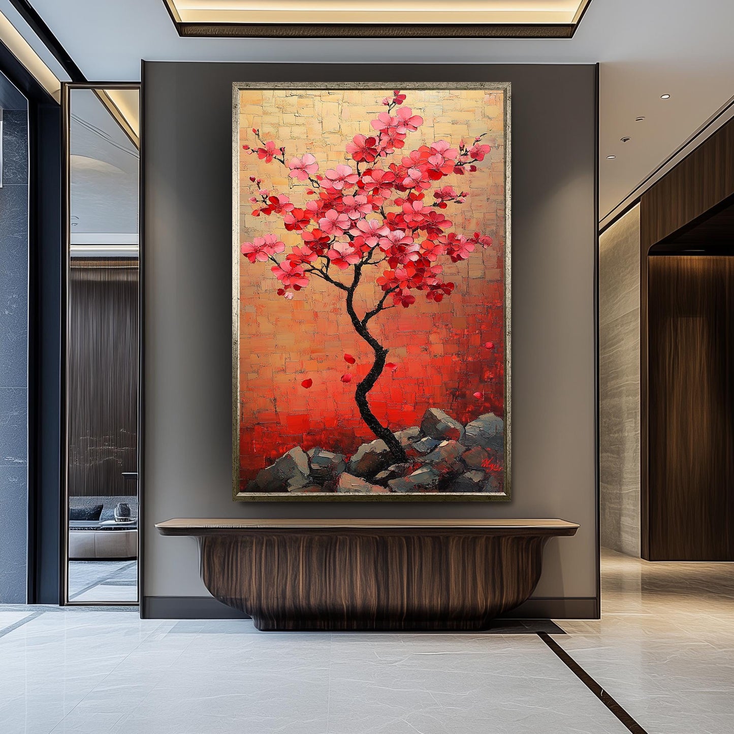 Cherry Blossom Tree Painting, Japanese Sakura Wall Art, Hand Painted Floral Canvas, Textured Blossom Artwork, Elegant Nature Home Decor