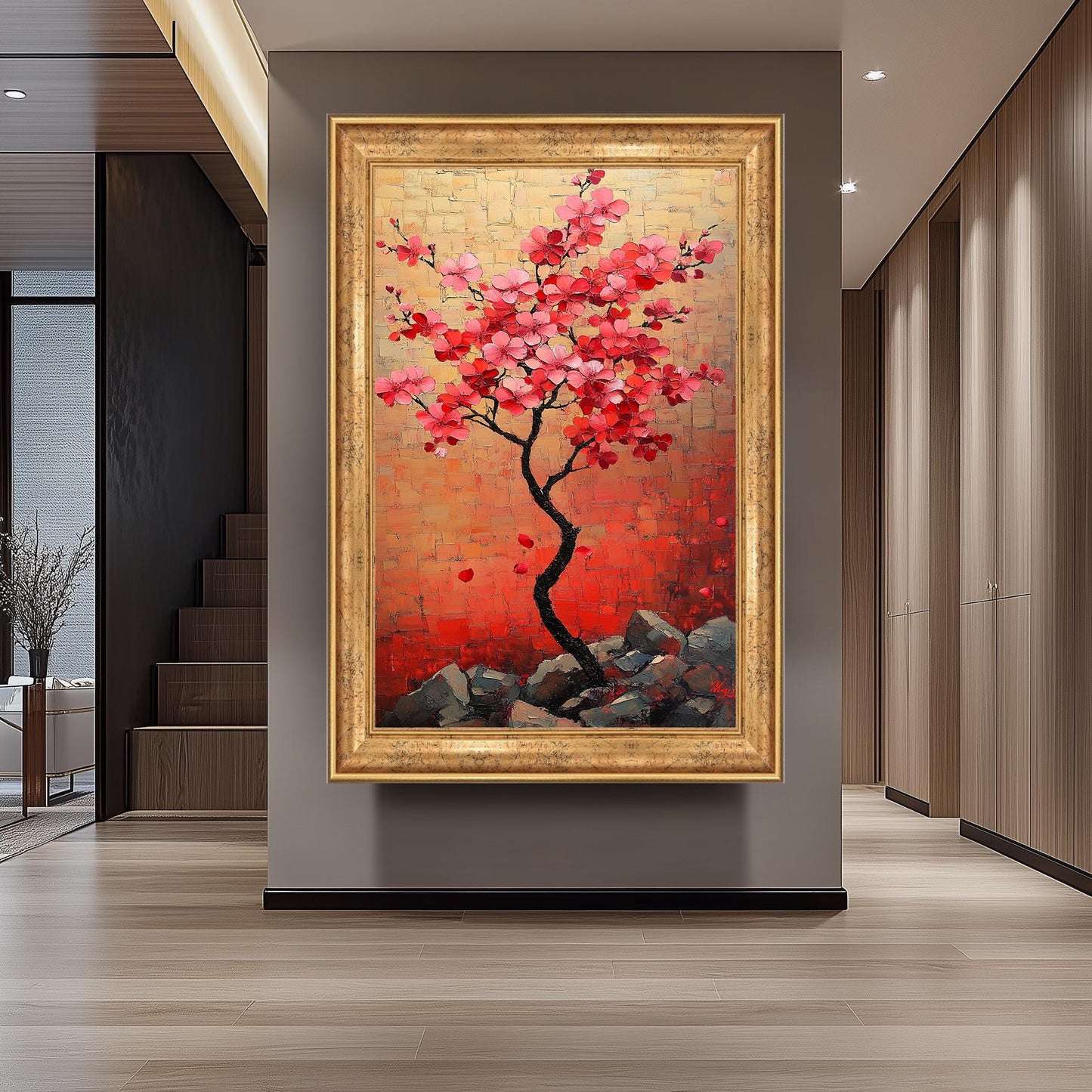 Cherry Blossom Tree Painting, Japanese Sakura Wall Art, Hand Painted Floral Canvas, Textured Blossom Artwork, Elegant Nature Home Decor