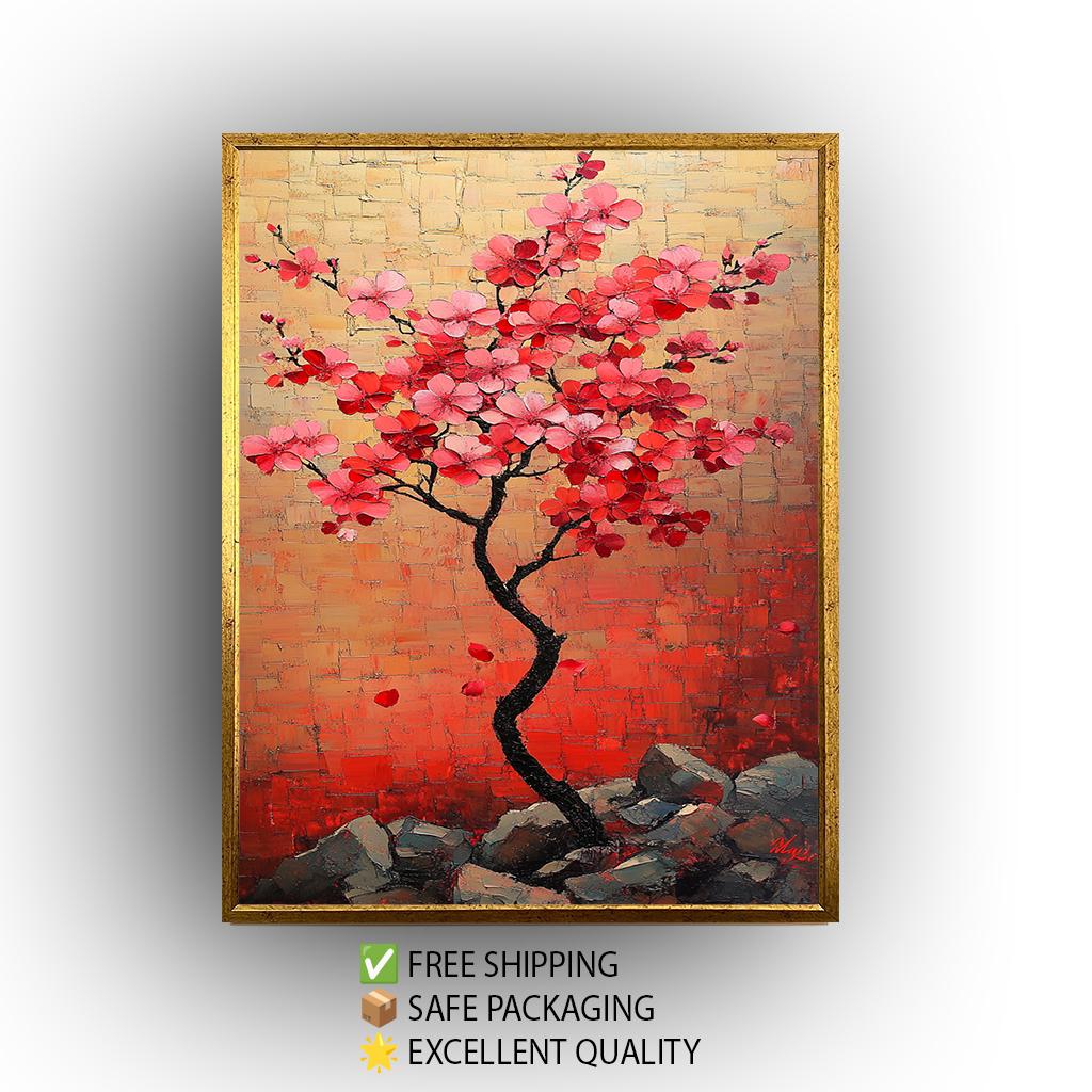 Cherry Blossom Tree Painting, Japanese Sakura Wall Art, Hand Painted Floral Canvas, Textured Blossom Artwork, Elegant Nature Home Decor
